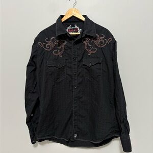 Rock 47 Black Goth Biker Western Button-Up Shirt with Red Embroidery